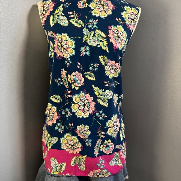 J. Jill Womens Large Navy Pink Floral Rayon Sleeveless Tunic Top Boho Cottagecor - Picture 3 of 8